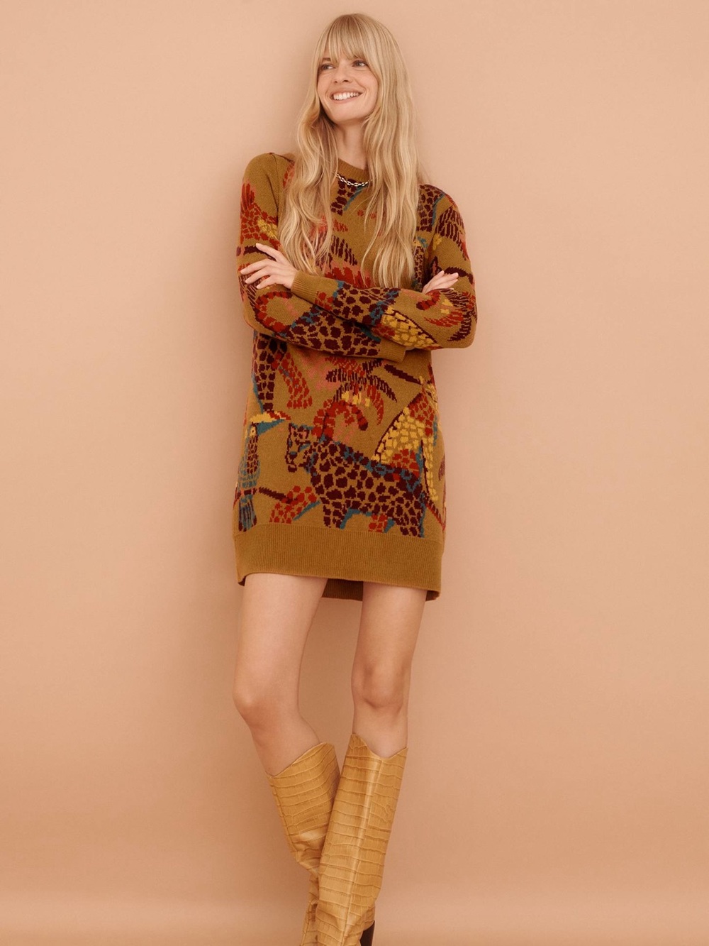 Anthropologie Farm Rio Casey Sweater Dress Animal Print Bohemian Size Large L - Picture 2 of 11